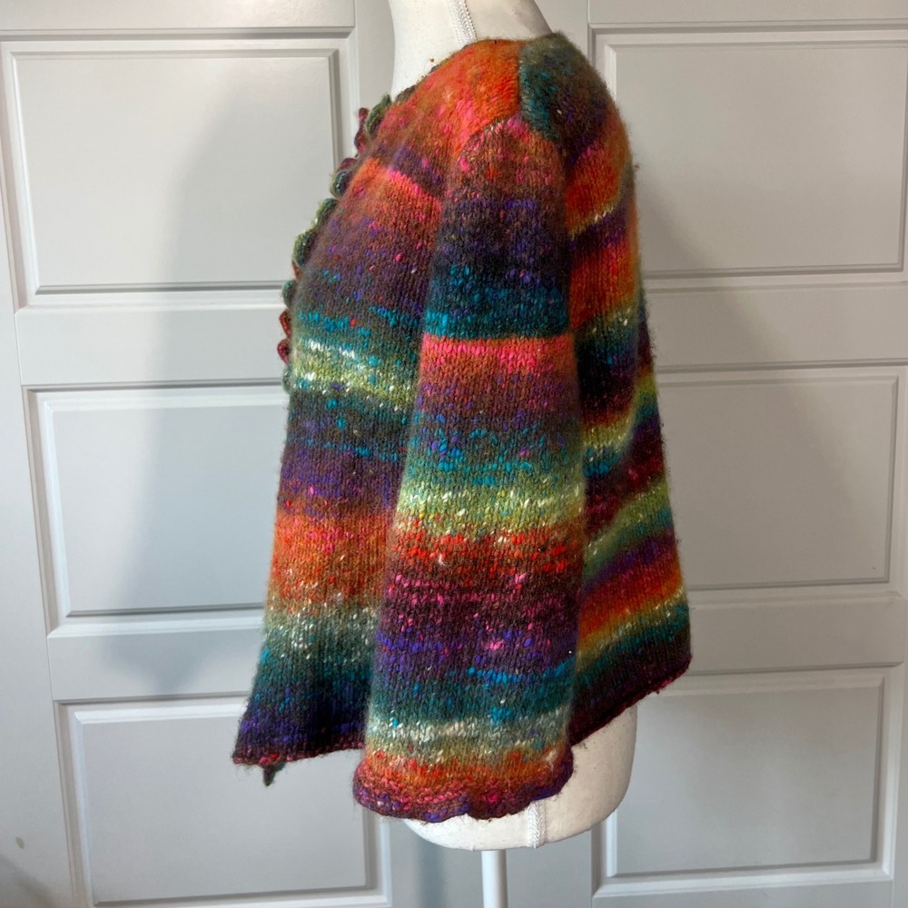 Handmade Knit Cardigan Sweater Womens Small Multicolor Open Front Ruffle - Picture 5 of 8